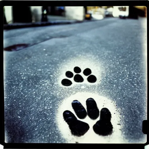 Image similar to wide-shot, low-angle eyesight first-person!! cat's paw prints on fresh cement at the street, polaroid photo, by Andy Warhol