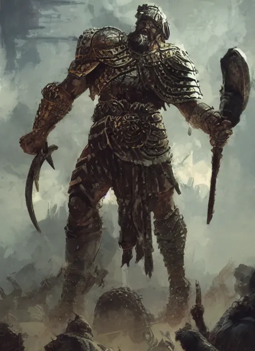 Image similar to ancient historically accurate depiction of the Bible Character Goliath of Gath, the Philistine warrior giant in ancient persian chainmail armor, dramatic lighting art by Yoji Shinkawa by Richard Schmid by greg rutkowski by Sandra Chevrier by Jeremy Lipking cinematic dramatic