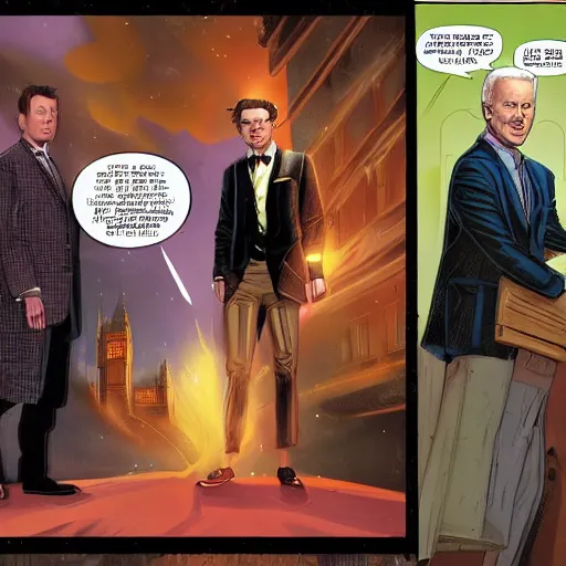 Image similar to marvel comic of The Tenth Doctor standing next to Joe Biden looking at Big Ben