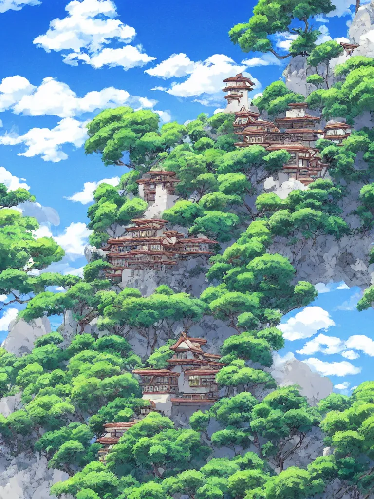 Prompt: studio ghibli background painting, kazuo oga, stucco house by the beach, blue sky with few clouds, details, hyper-detailed, HD, 4K, 8K