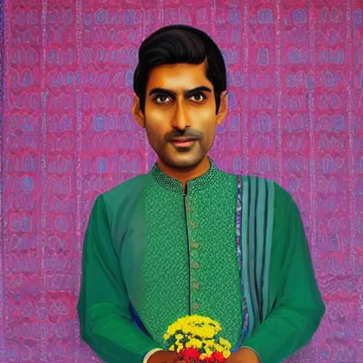 Image similar to indian guy holding flowers, looking nostalgic, in love, in a dapper kurta, very beautiful artwork by Wes Anderson