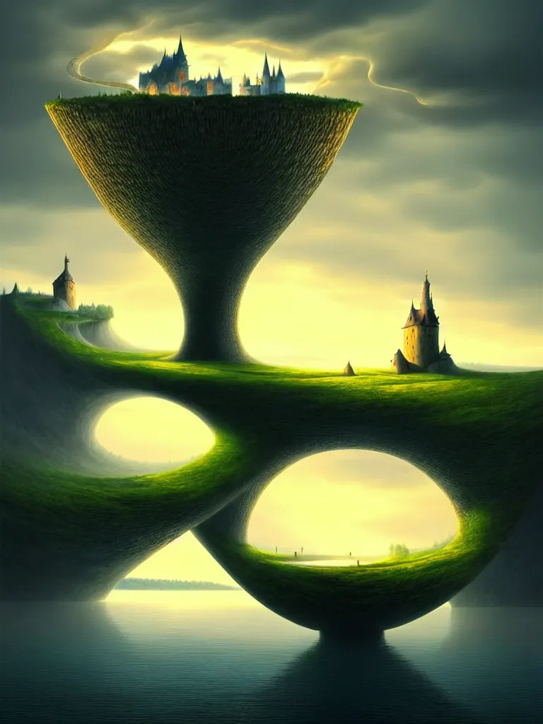 Prompt: gediminas pranckevicius an immense gigantic ornated iron cup with a lake inside, water in excess droping by, boats, castle, sunset, volumetric light, godrays