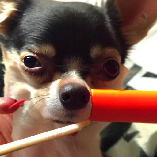 Prompt: chihuahua toking a fat joint with very red bloodshot eyes