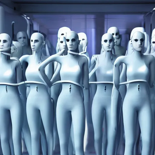 Prompt: troop of cloned women with white bob hairdos, extra limbs, tight light blue neopren suits, futuristic production facility, sci - fi, highly detailed, cinematic
