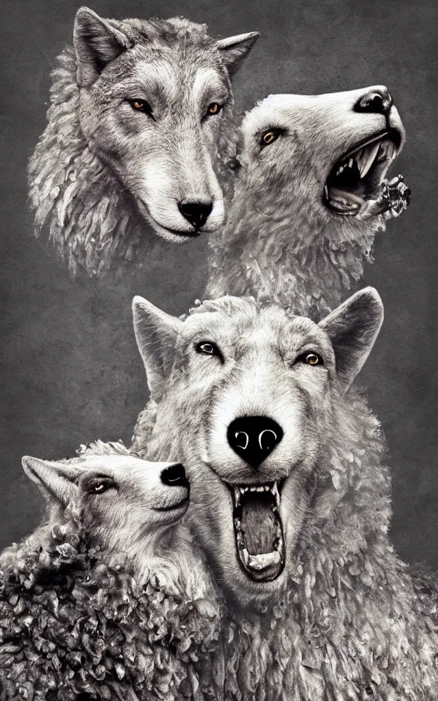 Image similar to metalheart sheep biting the neck of a realistic wolf masterpiece album cover