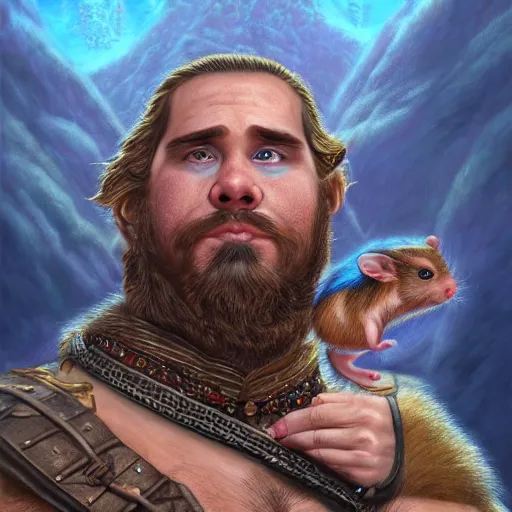 Image similar to fantasy portraiture of a man-hamster chimera jarl, by Ted Nasmith and by Joe Jusko, 4K, trending on ArtStation, sfumato, full shot