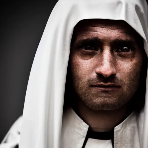 Prompt: stunning beautiful portrait photography of medieval sacred priest from national geographic award winning, dramatic lighting, taken with canon 5d mk4, sigma art lens, medium close up shot