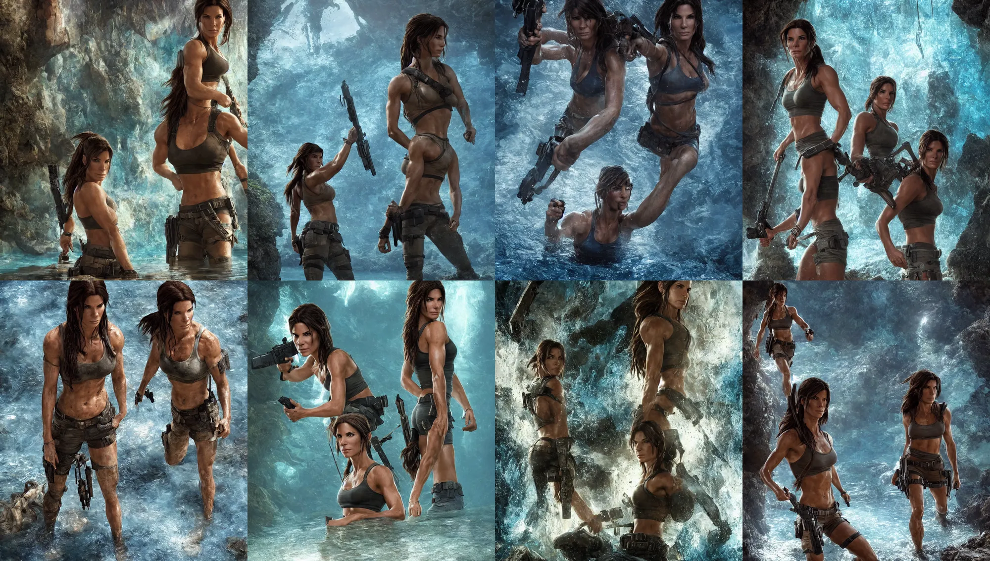 Prompt: young muscled sandra bullock as lara croft as a ruggedly handsome heroine looking directly into the camera wading through shallow blue glowing water, 2 0 0 mm focal length, intricate, elegant, stanley lau, greg rutkowski