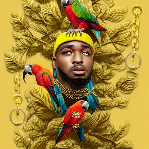 Image similar to parrots wearing golden rings and necklaces, with rap cap on head, rapping and sitting on golden trees, rap scene, modern concept art, trending on artstation, highly detailed, digital art, 8 k