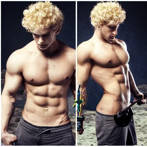 Prompt: a beautiful young tatooed man with blond curly hairs, fantasy looking, athletic, fit, armed with a blazing sword