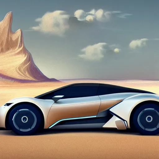 Image similar to electric concept car by porsche and lamborghini, scene in desert, digital art, ultra realistic, ultra detailed, art by greg rutkowski