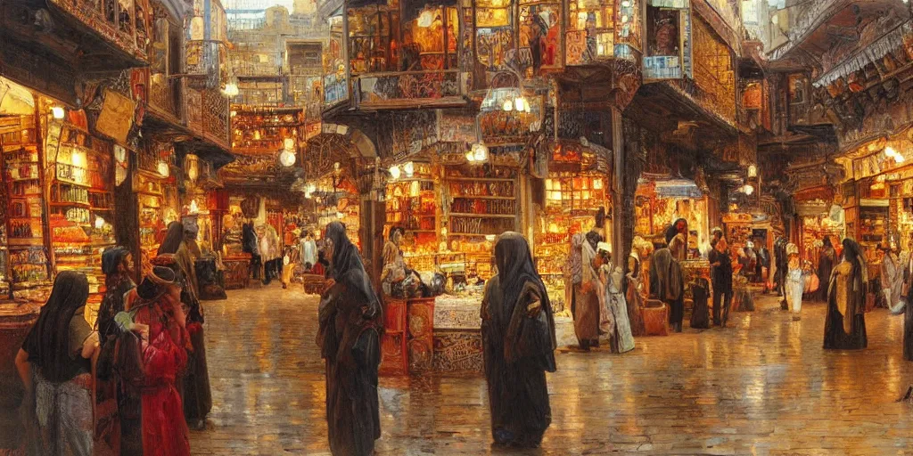 Image similar to Highly detailed romantic period oil painting of a Middle Eastern bazaar, strong atmosphere, oil painting masterpiece by Josep Tapiró Baró, symmetry, fractals