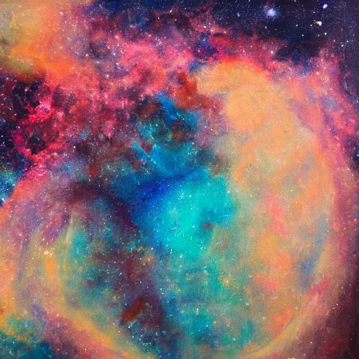 Image similar to hypatia dissolving into a nebula, smiling, oil painting