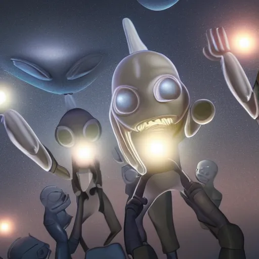 Prompt: Photorealistic gray aliens pointing with their mouths open and a glowing spaceship in the background