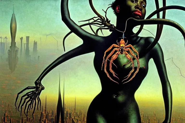 Prompt: realistic detailed portrait movie shot of a beautiful black woman riding a giant spider, dystopian city landscape background by denis villeneuve, amano, yves tanguy, alphonse mucha, max ernst, ernst haeckel, kehinde wiley, caravaggio, jean delville, edward robert hughes, roger dean, cyber necklace, rich moody colours, sci fi patterns, dramatic, wide angle