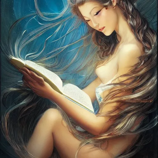 Prompt: a girl reading a book, her hair flowing down, by karol bak, ayami kojima, artgerm, smile, concept art, fantasy