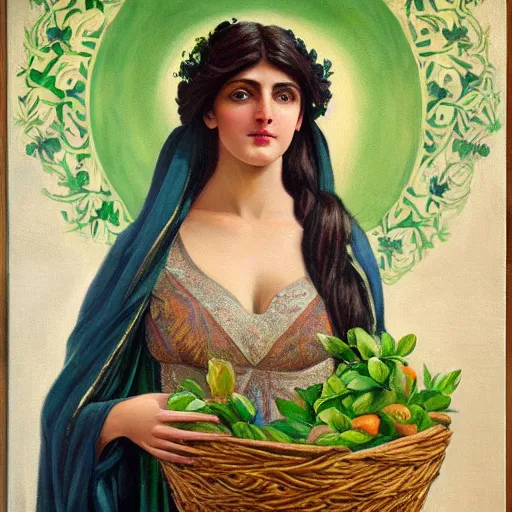 Prompt: a painting of a beautiful greek goddess of nature with a basket in her hand, ceuna circa 1 9 0 1, greek mythology, goddess, oil on canvas, intricate details, high quality, long green luxurious robe, dark hair, beautiful face, symmetry, artstation