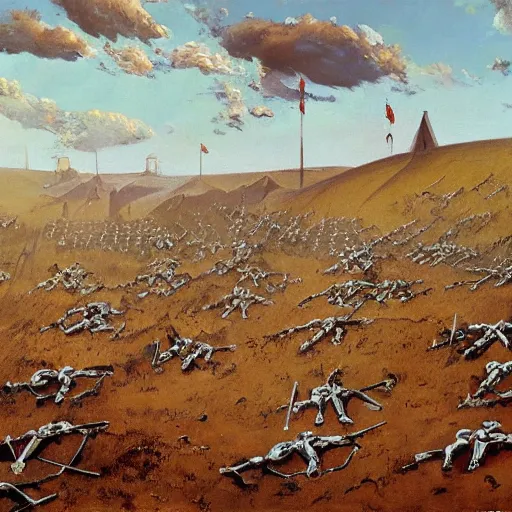 Image similar to oil painting of a ground covered in medieval silver soldier corpses, war, storm dawn, by Frank Frazetta, by Georgia O Keeffe