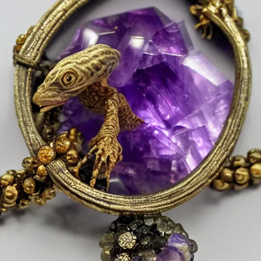 Image similar to zergling skeksis from the dark crystal wearing golden talismans and amethyst crystals. dark undertones. diffuse volumetric lighting.