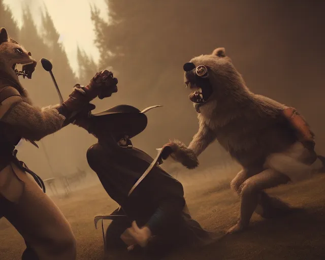 Image similar to gerald of rivia fighting with fursuit cosplayers, cinematic, concept art, wlop, beeple, highly detailed, face, hands, unreal engine, octane render