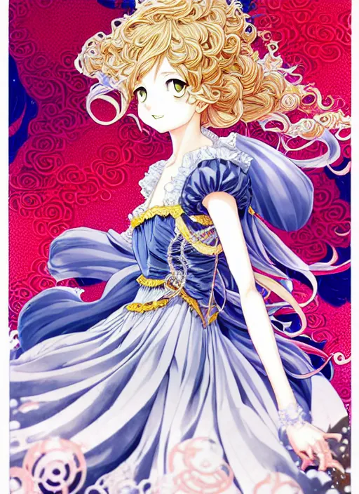 Prompt: exquisite imaginative fate manga poster design of princess, long wavy hair, rococo ruffles dress, by shigenori soejima, minaba hideo, katsuhiro otomo, jump comics, fluorescent, illustration, artstation, dark fantastic, highly detailed, 8 k, maximalist