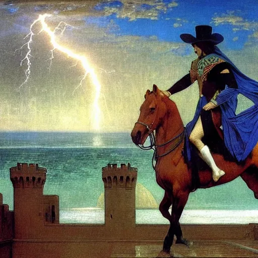 Prompt: Magician riding a horse leaving the castle through the bridge, thunderstorm, beach ocean on the background major arcana sky, by paul delaroche, alphonse mucha and arnold böcklin arnold böcklin hyperrealistic 8k, very detailed