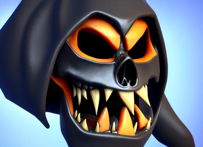 Prompt: hooded skull, with big lower troll - like fangs, stylized stl, 3 d render, activision blizzard style, hearthstone style, crash bandicoot artstyle