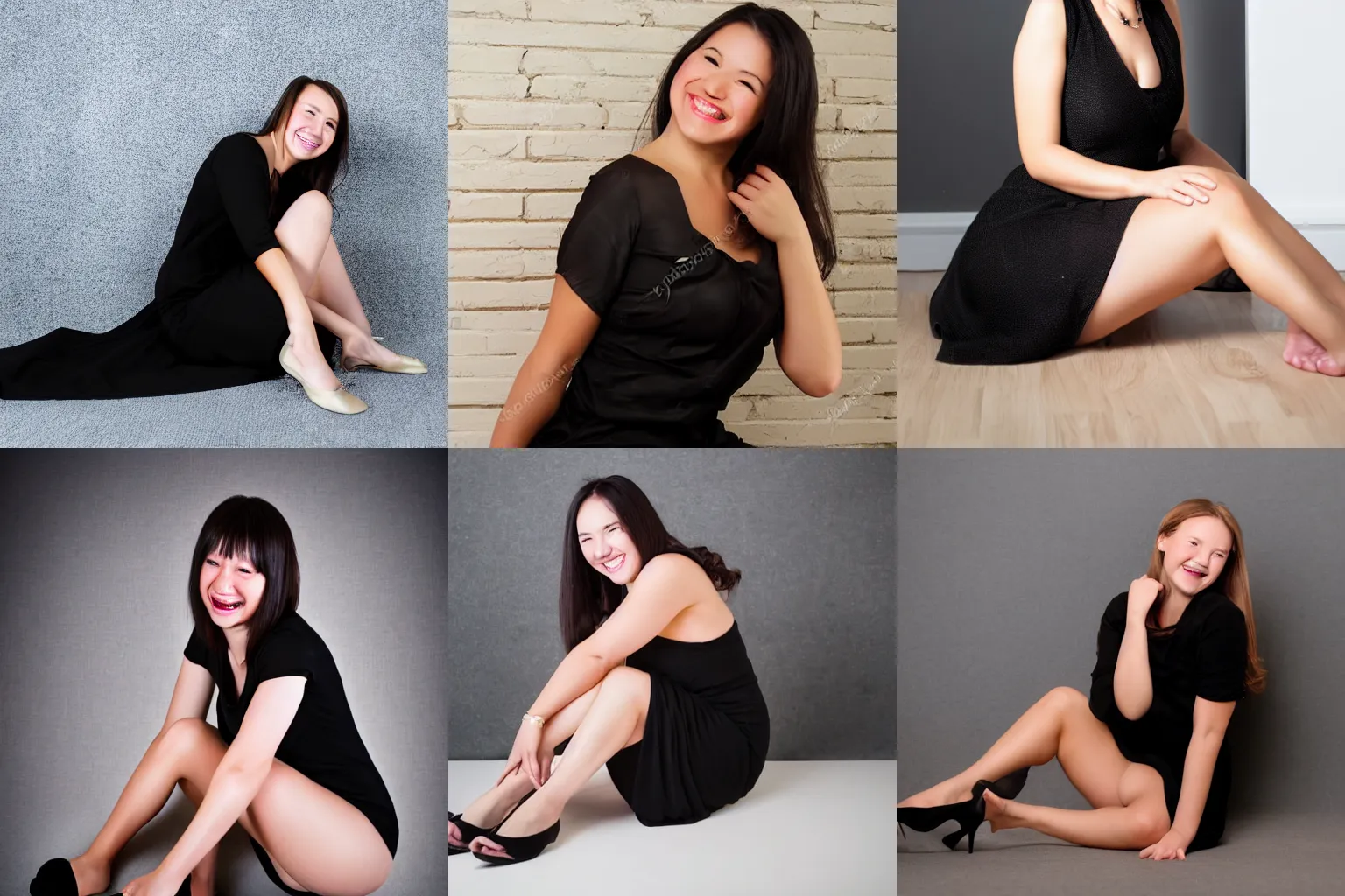 Prompt: shy girl 24yo black dress happy smile sitting on the floor studio lightening