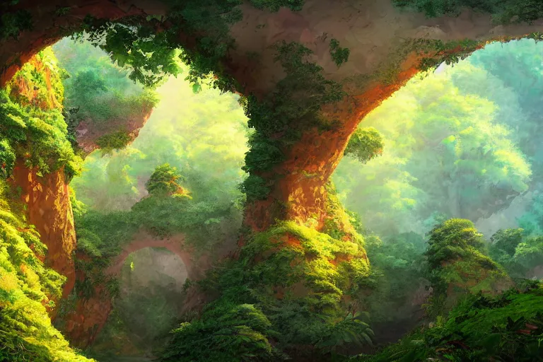 Image similar to natural arches covered with small trees growing out of it, sunny day, long shot, matte painting, digital art, in the style of studio ghibli, vivid colors, highly detailed, 8 k, establishing shot, smooth, trending on artstation, illustration, realistic