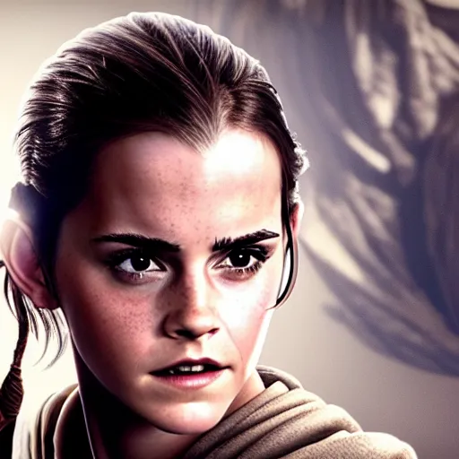 Image similar to Emma Watson modeling as Rey in Star Wars, (EOS 5DS R, ISO100, f/8, 1/125, 84mm, postprocessed, crisp face, photoshopped, facial features)