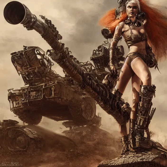 Image similar to beautiful apocalyptic woman with Mohawk, standing on mad max panzer tank, hyper-detailed, smooth, sharp focus, 4k ultra hd, fantasy dark art, tank girl, artgerm, artstation, octane render, elegant, detailed digital painting, apocalyptic art