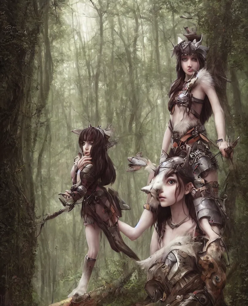 Image similar to portrait of Princess Mononoke girl, fully clothed in armor, lush forest landscape, painted by tom bagshaw, proko, artgerm, norman rockwel, james gurney, denoised, sharp, architectural