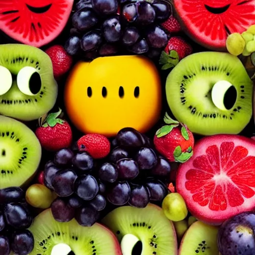 Image similar to fruit with eyes and mouth