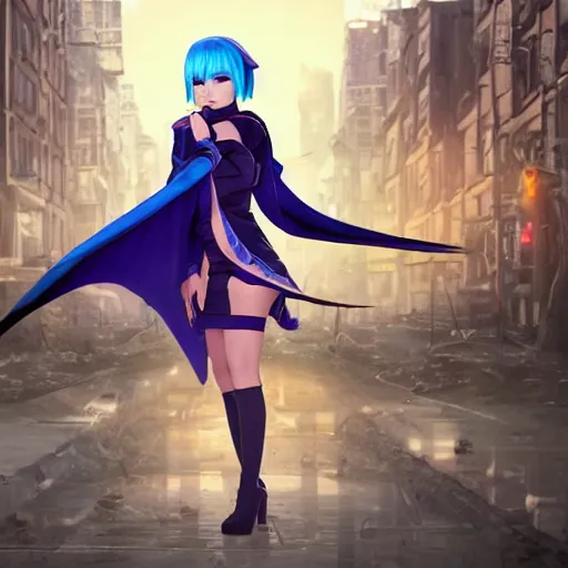 Prompt: breathtaking photo of an attractive young asian elf woman with pointy ears and blue hair, wearing a miniskirt and knee-high boots, crouching in an endlessly sprawling hazy abandoned city at night, 8K, trending on Artstation