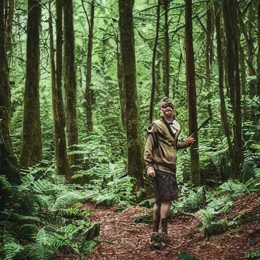 Image similar to lush forest trail, friendly skinwalker posing for camera, smiling, cryptid, professional photography