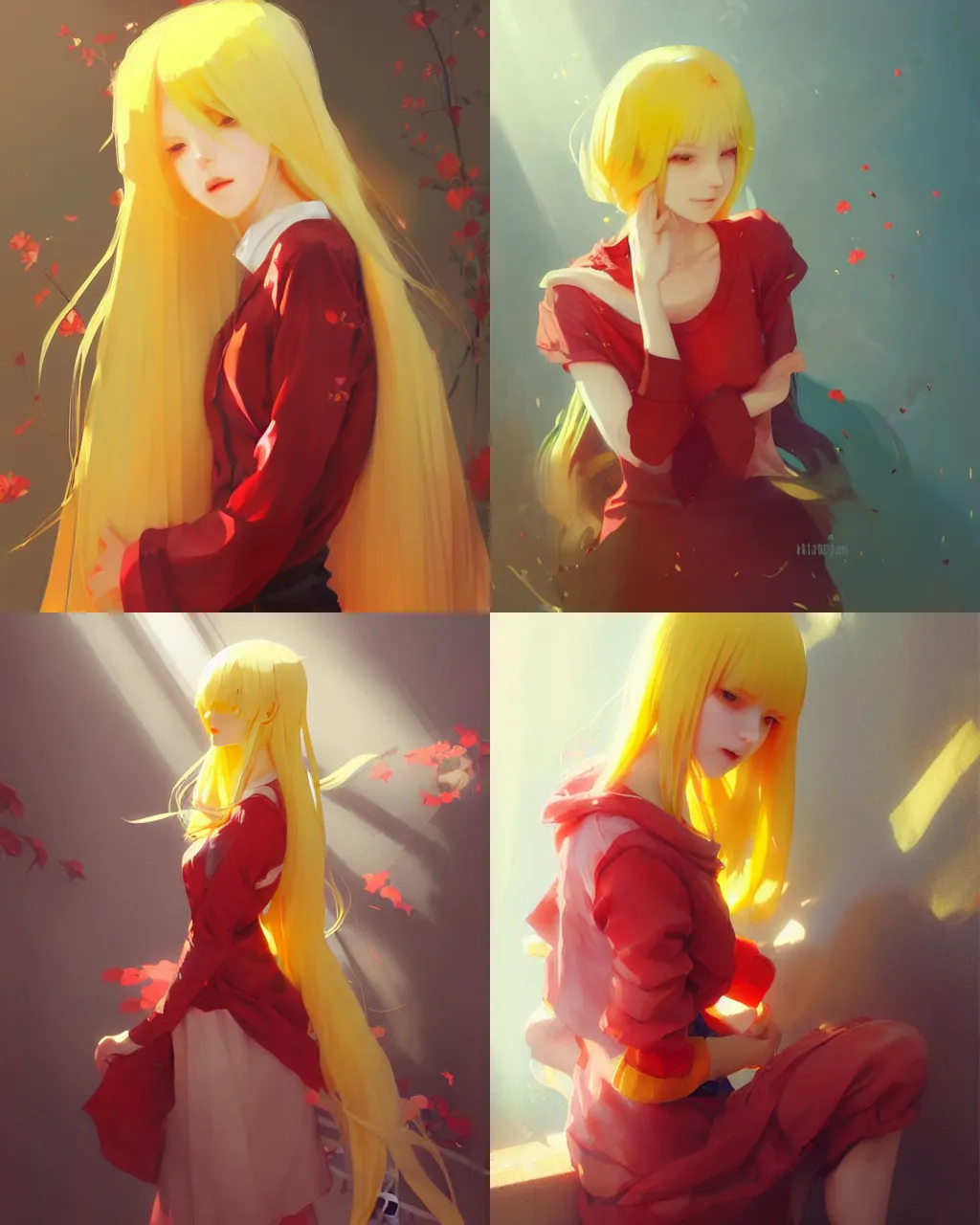 Prompt: girl with yellow hair and red clothing, flower decoration on the background, a beautiful half body illustration, top lighting, perfect shadow, soft painting, art by hidari and krenz cushart and wenjun lin