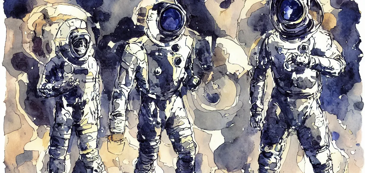 Image similar to male, full body, space suit with a modern helmet, character sheet, science fiction, very stylized character design, pen and ink, digital painting, watercolor wash, by mike mignola, by alex maleev, jean giraud