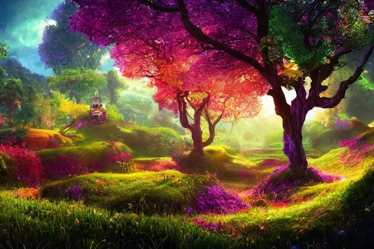 Image similar to Landscape of a beautiful enchanted fantasy world. Colorful. A giant tree. Cinematic lighting. Photorealism.