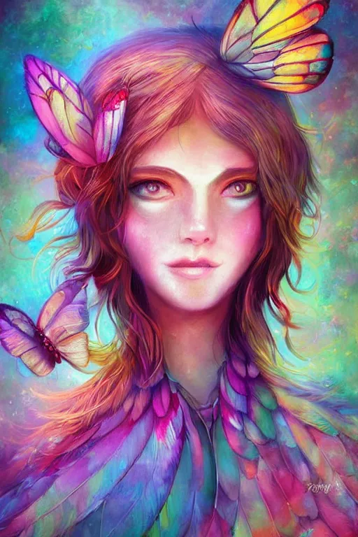 Prompt: wonderdream faeries lady feather wing digital art painting fantasy bloom vibrant keane glen apterus sabbas illustration character design concept colorful joy atmospheric lighting butterfly
