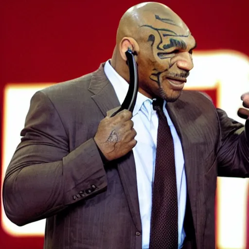 Image similar to this is probably the first time mike tyson is speaking on the phone. and what is he saying? why is he being held hostage and what is his state of mind?