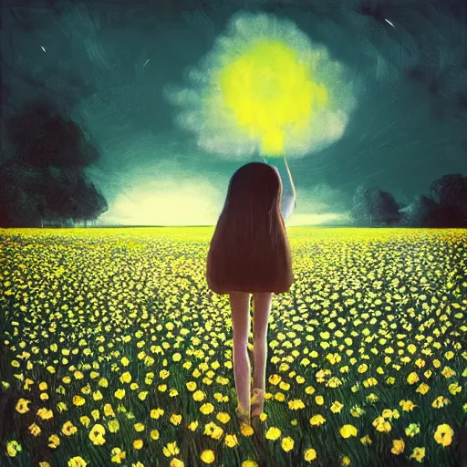 Image similar to giant daisy flower as a head, girl walking in field, surreal photography, moon light, dark night, dramatic, impressionist painting, clouds, digital painting, artstation, simon stalenhag