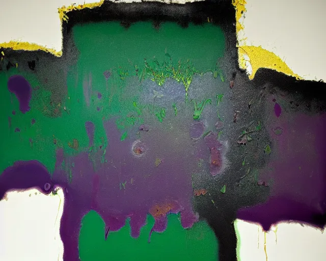 Image similar to abstract painting in black, dark green, purple, painted by Pat Steir, Julian Schnabel, Helene Frankenthaler, abstract painting. 8k, dripping paint, paint spill, extreme detail, intricate detail, masterpiece, trending on artstation,