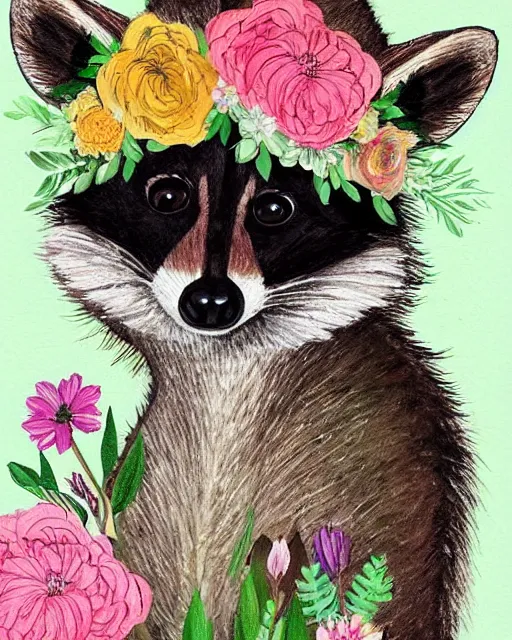 Image similar to a painting of a raccoon wearing a flower crown, a storybook illustration by naomi okubo, pinterest contest winner, furry art, made of flowers, storybook illustration, whimsical, muted colors, white paper background