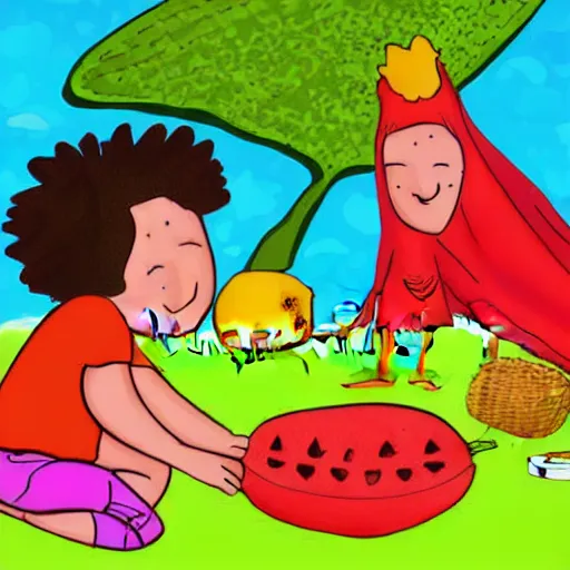 Image similar to a cartoon of a watermellon and an orange having a picnic. digital art. children's book illustration