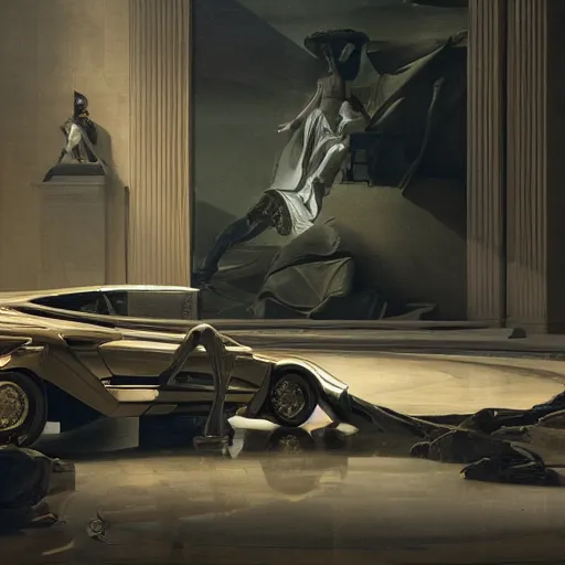 Image similar to full lenght sci-fi cars in the coronation of napoleon painting by Jacques-Louis David in the blade runner 2049 film and point cloud in the middle and everything in form of zaha hadid architects artwork by caravaggio unreal engine 5 keyshot octane lighting ultra high detail ultra hyper realism 8k 16k in plastic dark tilt shift full-length view