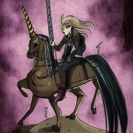 Prompt: reze from chainsaw man riding a unicorn, steampunk style