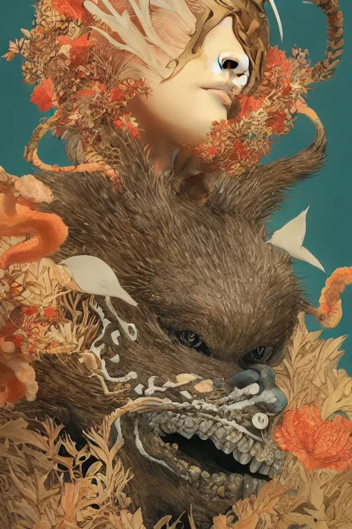 Image similar to a cover of japanese art magazine about animal creatures by illustrated by miyazaki by karol bak, james jean, tom bagshaw, rococo, sharp focus, trending on artstation, cinematic lighting, hyper realism, octane render, 8 k, hyper detailed, vivid, ultra detailed, highly detailed