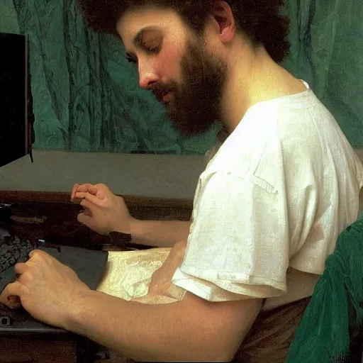 Image similar to an oil painting of an man playing a PC gaming, by Bouguereau, highly detailed and intricate,