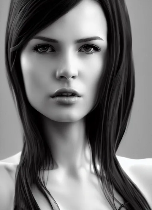 Image similar to full body portrait of a beautiful woman in black and white, photorealistic, hair down to waist, art by diego fazio and diegoKoi and artgerm, concept art, hyper sharp focus, 8k highly detailed