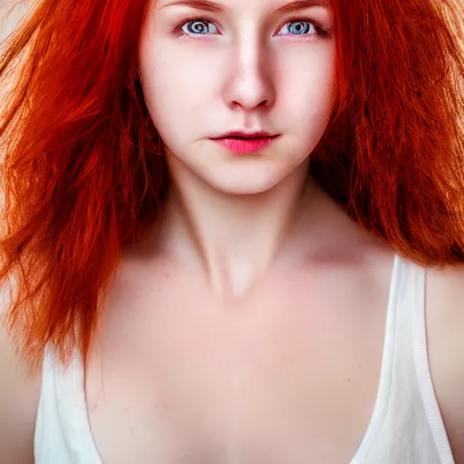 Image similar to portrait of the young lady with red hair, yellow circle pupils, soft skin, front view, 8k, highly detailed, photography